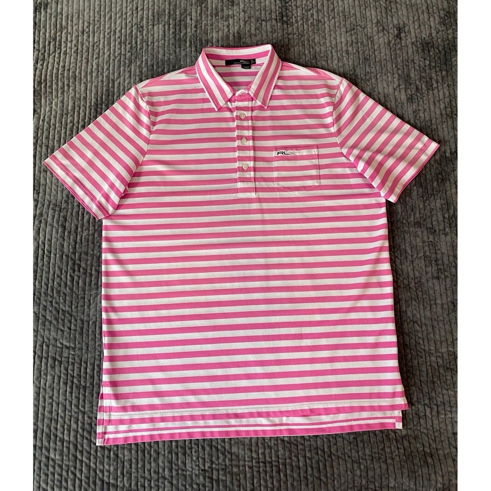 RLX Ralph Lauren Polo Shirt Men's L Pink/White Striped Golf Performance Pocket